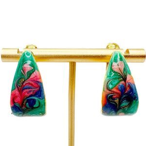 Vintage Marbled Enamel Earrings Multicolored Gold Tone